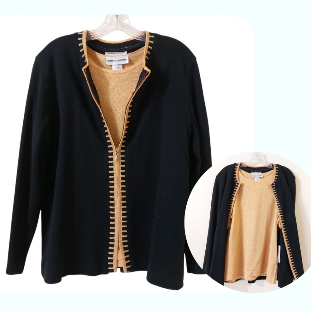 Vintage 90s Cathy Daniels NWT Gold Glitter Sweater & T-Shirt Top Combo Set